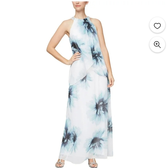 SLNY Printed Tulip Maxi Dress Style 9171810. Size 14. Color: Ivory Mult - Picture 1 of 8